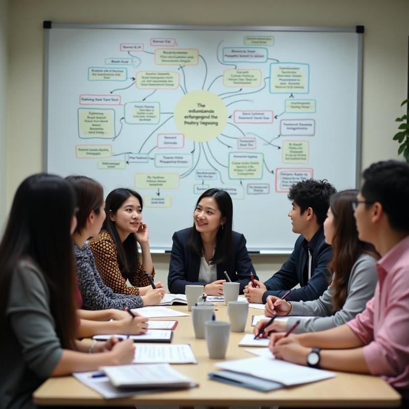 Một nhóm sinh viên Việt Nam trẻ tuổi đang thảo luận về các cơ hội nghề nghiệp đa dạng sau khi học ngành kinh tế, ngồi quanh một bàn với bản đồ tư duy về các con đường sự nghiệp khác nhau